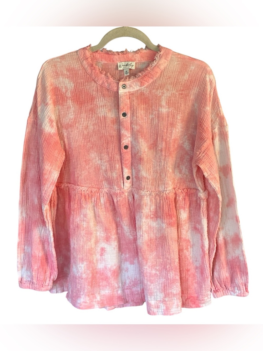 Wonderly Pink and White Tie-Dye Button Henley Top